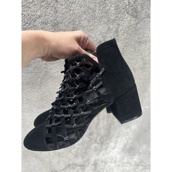 Cecelia New York Women’s 8 Boots Bootie Black Suede Block Heel Leather Ribbons - Picture 7 of 11